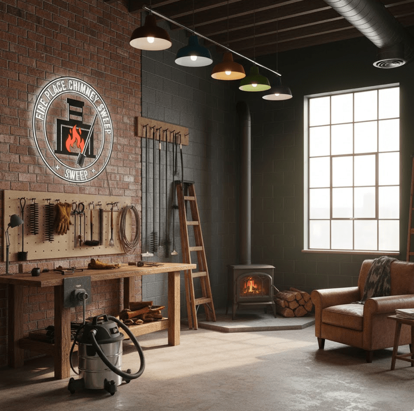 Professional chimney sweep workshop with tools and equipment