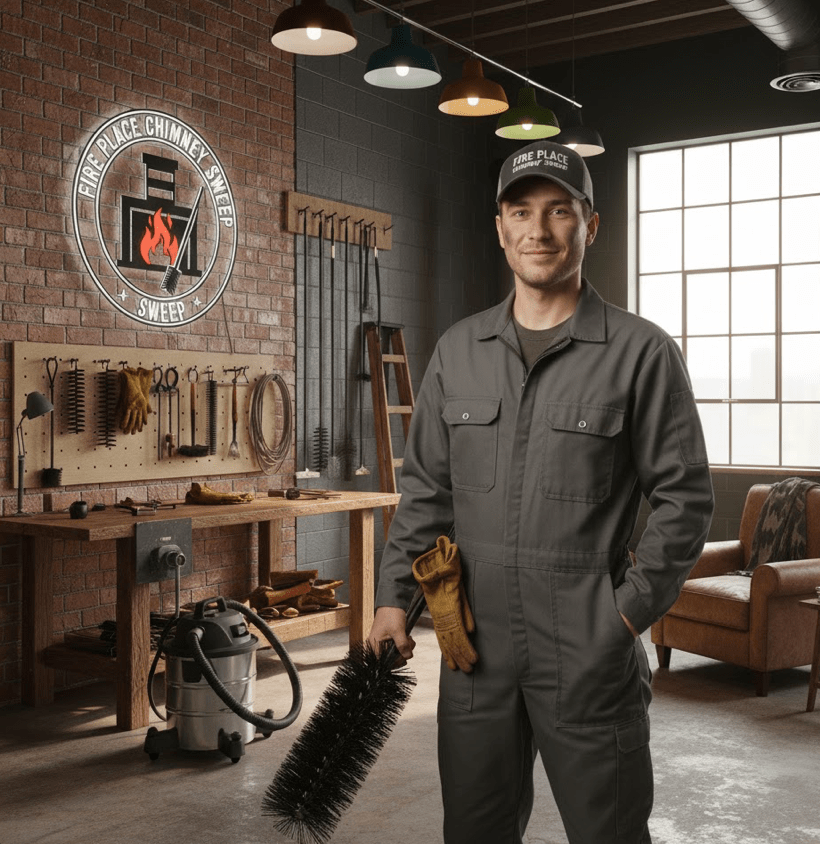 Professional chimney sweep technician with equipment